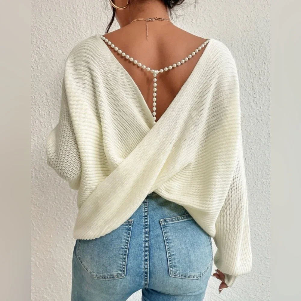 Casual Pearls, Twist, Backless, Beaded Drop Shoulder Sweater - Picture 6 of 6